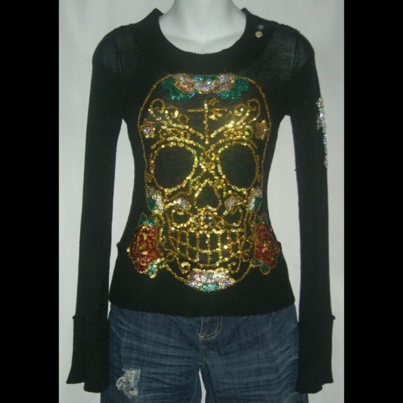 Joystick By Johnny Was Black Silk Skull Roses Cross Sequin Sweater JWLA Biya XS - Picture 11 of 11